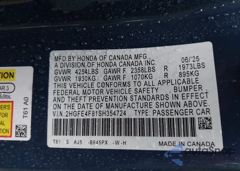 2025 Honda Civic Hybrid Sport/Sport Touring z USA, uszkodzony, nr VIN 2HGFE4F81SH354724